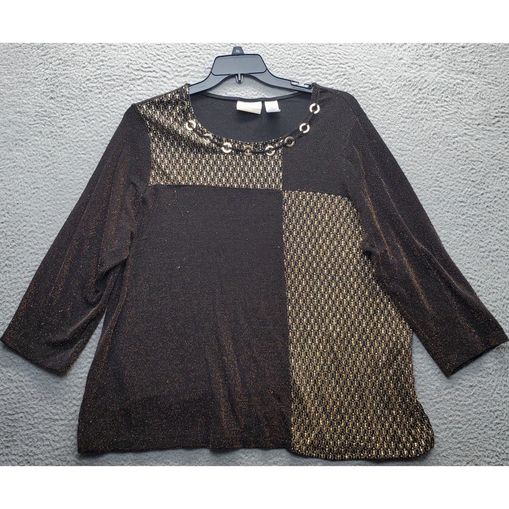 Alfred Dunner Shimmer Top Women 2X Multi Patchwork Metallic Long Sleeve Pullover